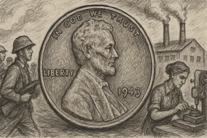 An old, weary steel penny and a collage that reflects its history.