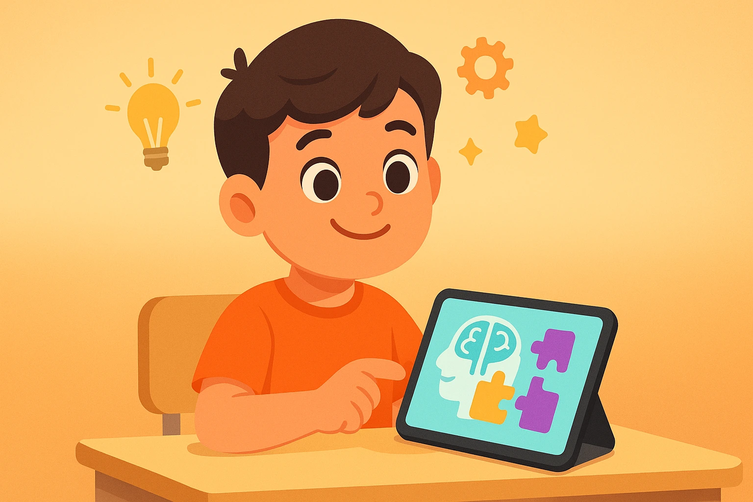 A child completes a task on a tablet and smiles.