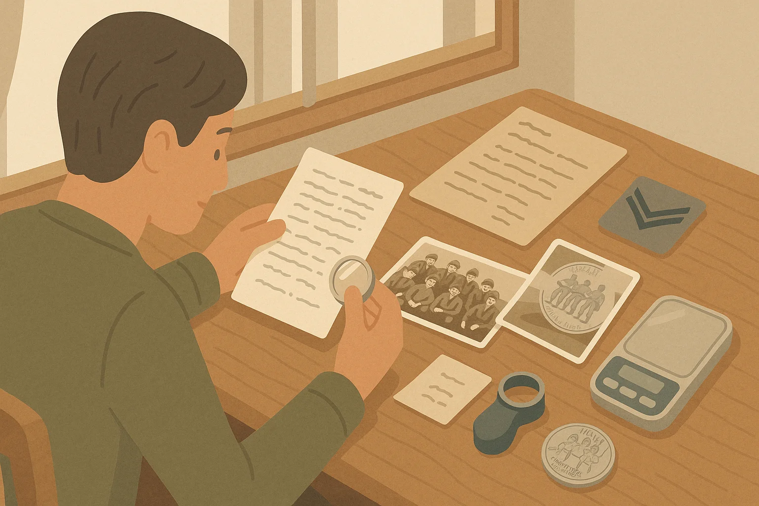 A historian conducts research on WWII and uses archive materials and memorable coins to assist him.